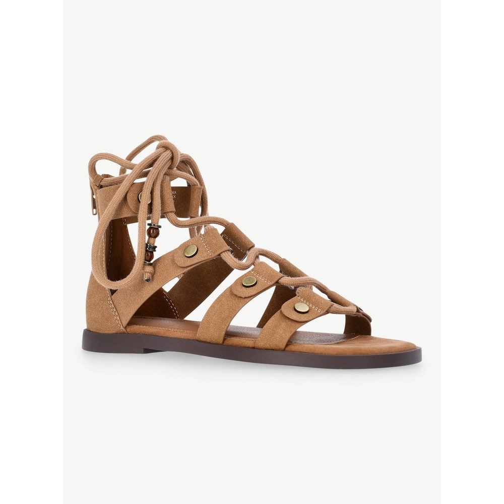 No Boundaries Gladiator Sandals Lace Up Tan Suede Boho Beaded‎ Flat Size 11 NEW